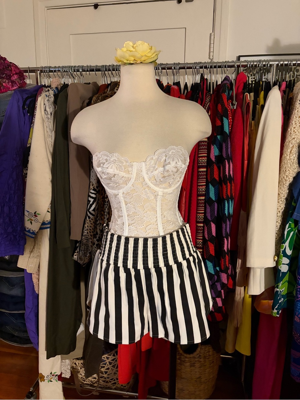 AKIRA Black and White Striped High-Waist Shorts